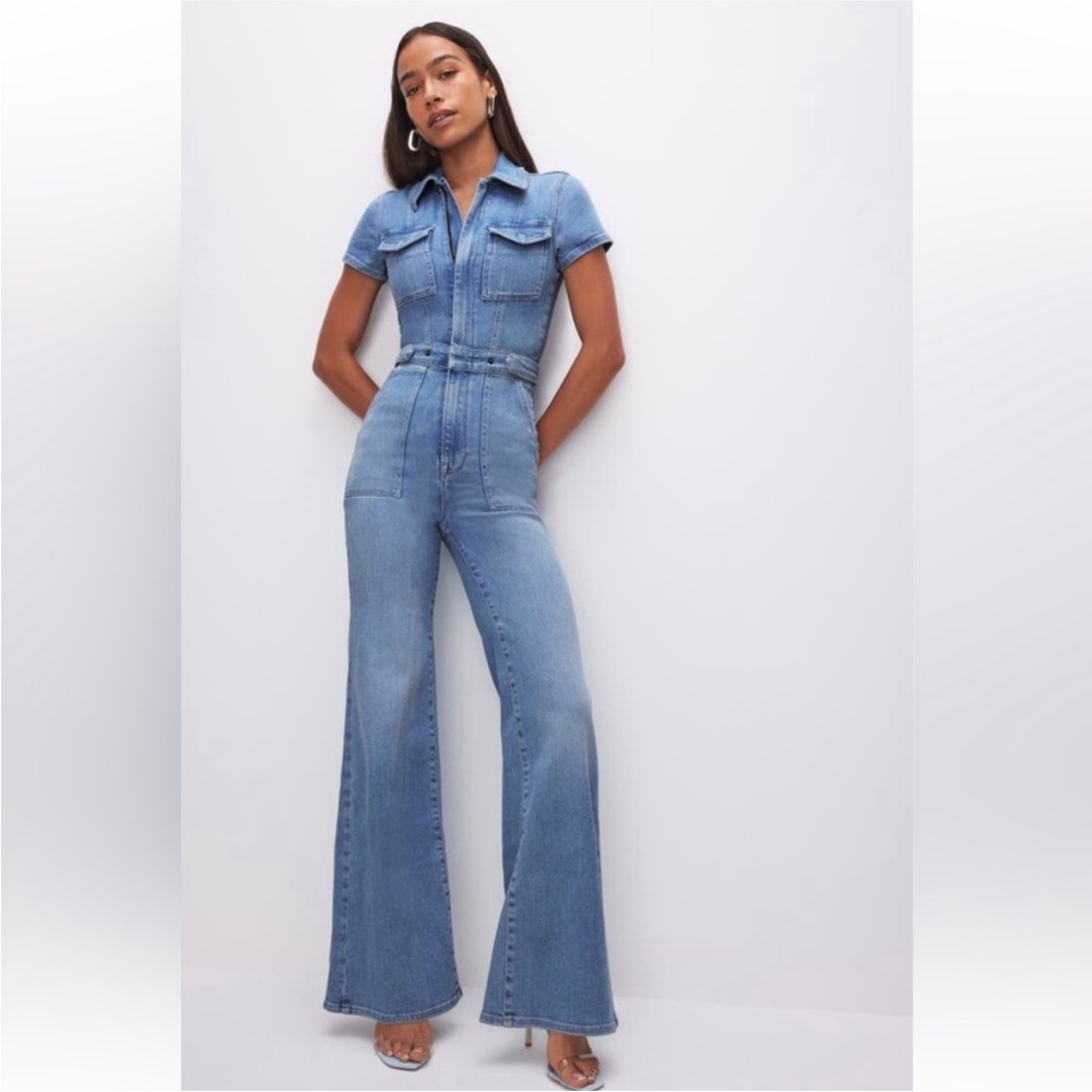 Good American Women's Wide Leg Palazzo Denim Jumpsuit
